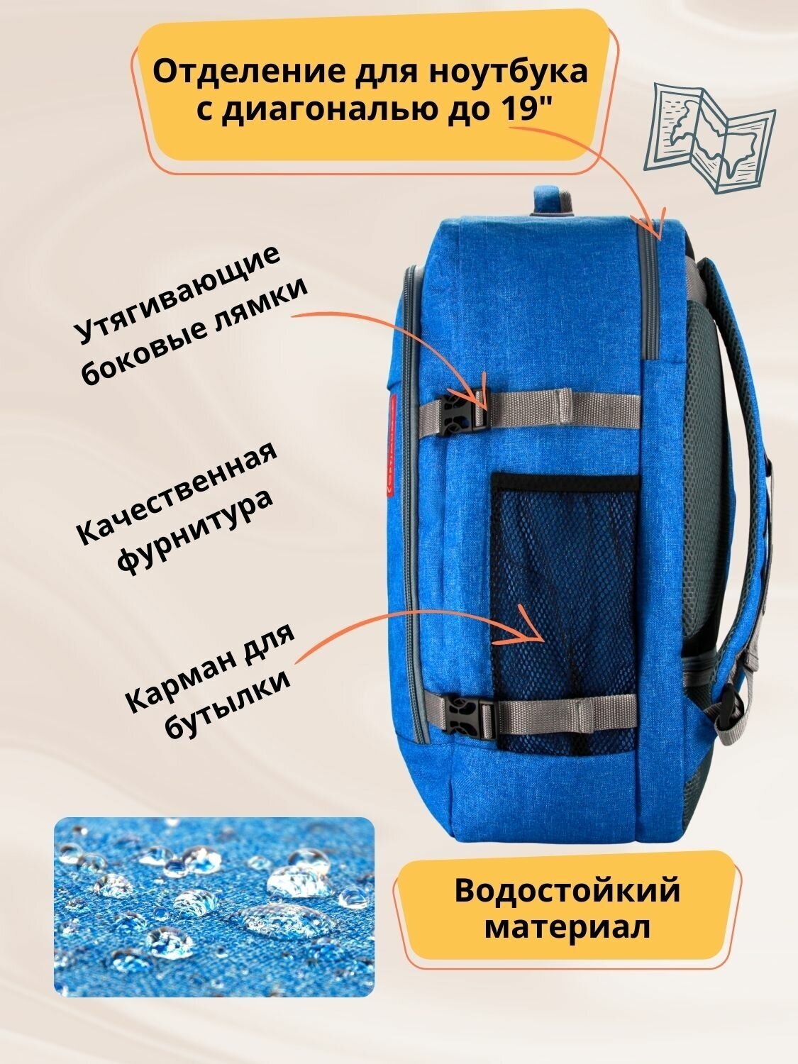 Рюкзак сумка чемодан ручная кладь S в самолет дорожная 44 л, голубой - фотография № 3