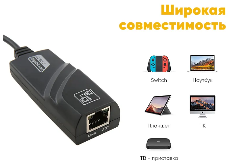 Сетевой адаптер для LAN-соединения USB 30 на RG45 Ethernet 10/100/1000 Mbps / внешняя сетевая карта для ноутбука / Ethernet