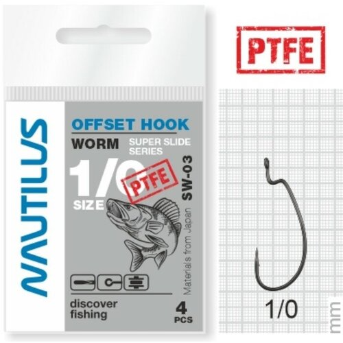 Крючок офсетный Nautilus Offset Super Slide Series Worm SS-03PTFE, № 1/0, 4 шт.