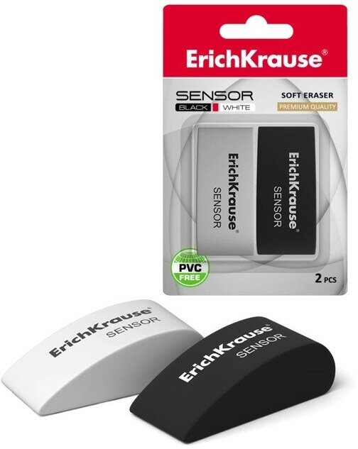 Набор ластиков 2 штуки Erich Krause, SENSOR Black & White, 50 х 18 х 23 мм, мягкие, гипоаллергенные, в блистере