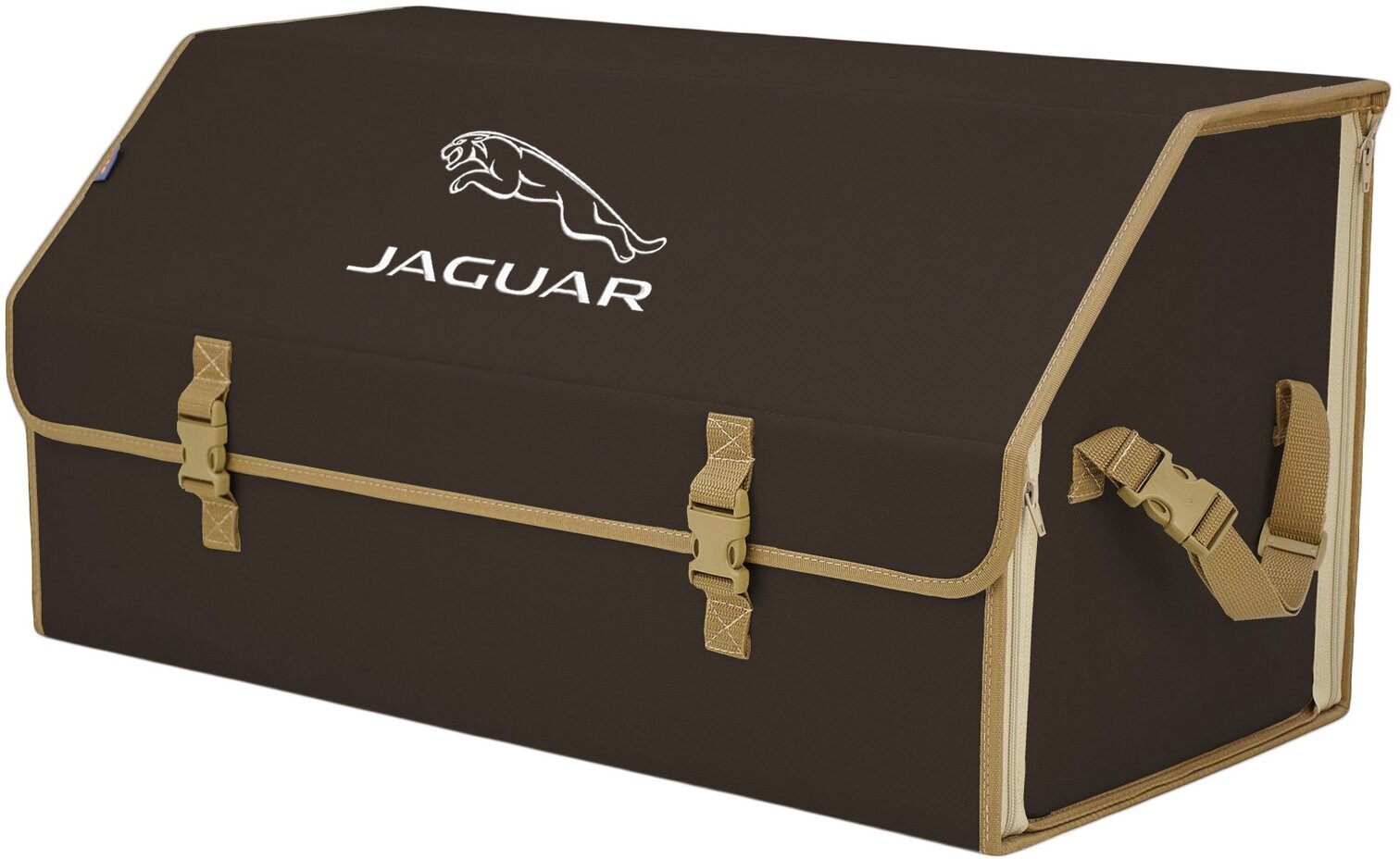 Органайзер-саквояж в багажник "Союз" (размер XL Plus). Цвет: коричневый с бежевой окантовкой и вышивкой Jaguar (Ягуар).