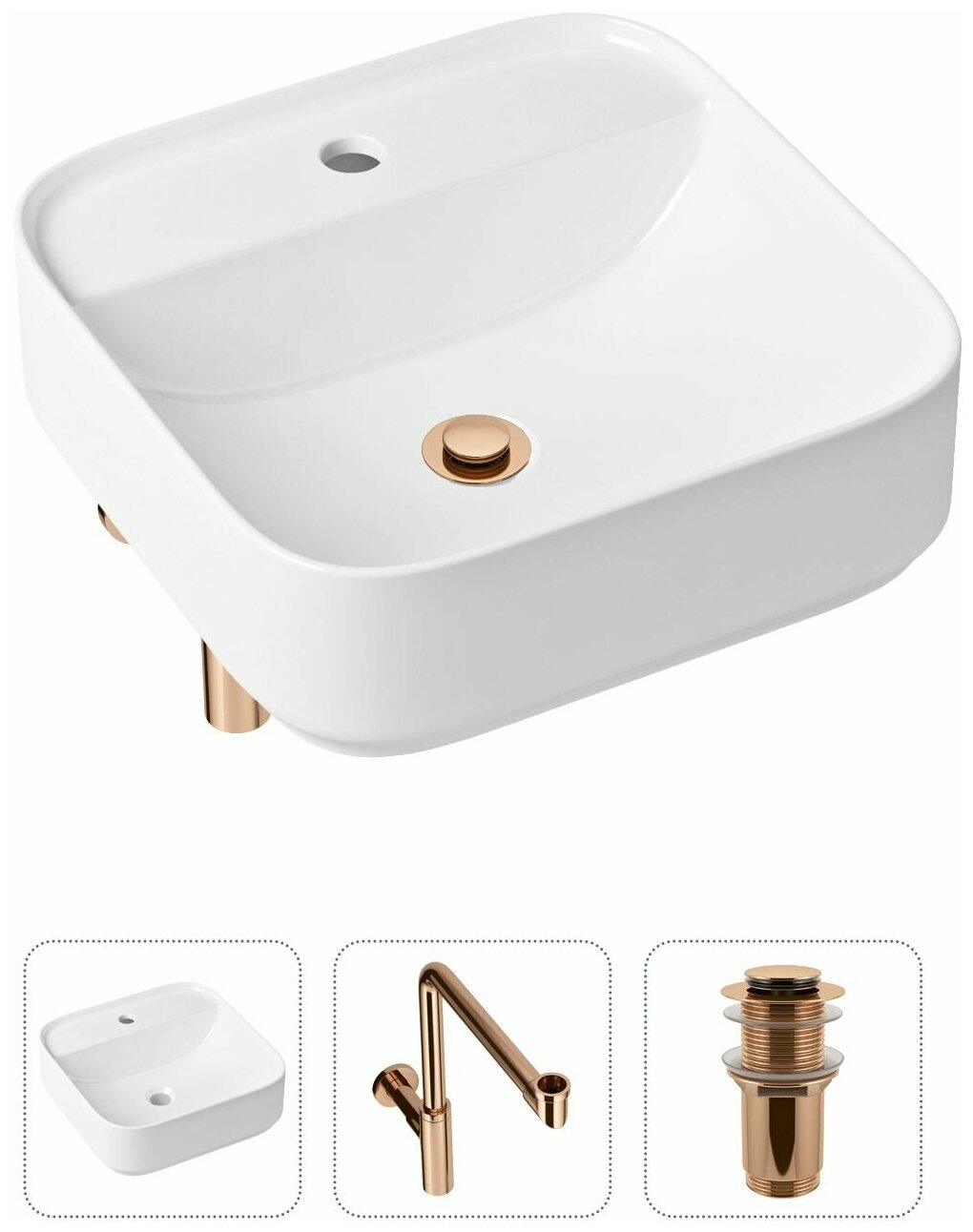 Накладная раковина в ванную Lavinia Boho Bathroom Sink Slim 21520321 в комплекте 3 в 1: умывальник белый, донный клапан и сифон в цвете розовое золото