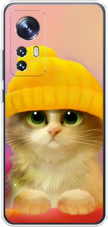 Силиконовый чехол на Xiaomi 12/12X/12S / Сяоми 12/12X/12S Котенок в желтой шапке