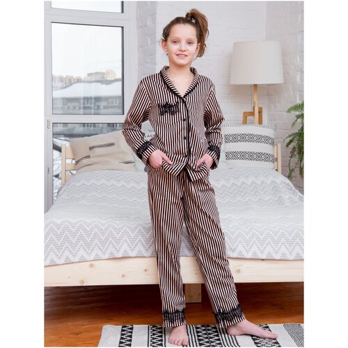 фото Пижама, брюки, рубашка, пояс на резинке, размер 152, мультиколор mitra