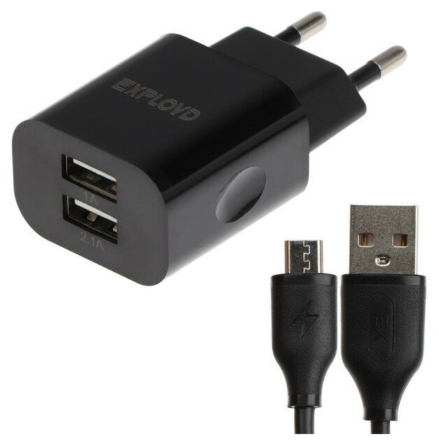 Сетевое зарядное устройство Exployd EX-Z-464, 2 USB, 3.1A, кабель microUSB, чёрное 9514927