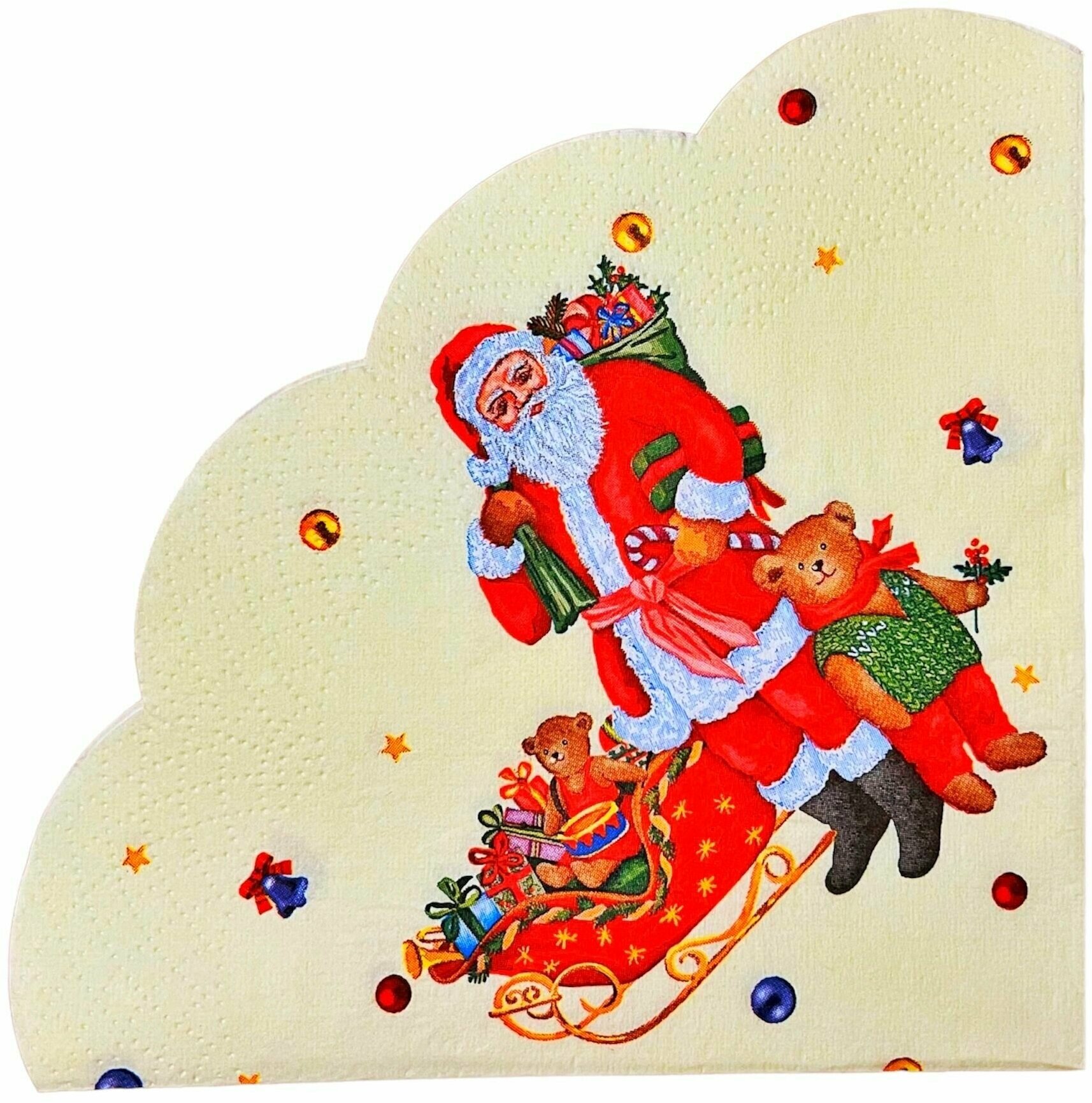 Салфетки бумажные новогодние "Дед Мороз с подарками", декоративные / сервировочные / праздничные, 12 листов, 32 см., 3 слоя - фотография № 1