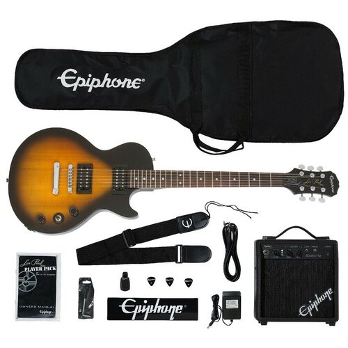 EPIPHONE Les Paul Electric Guitar Player Pack Vintage Sunburst комплект электрогитара, комбо 10 Вт, электрогитара ibanez s521 bbs цвет тёмно красный санбёрст