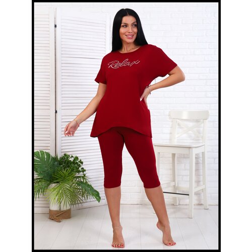 фото Комплект , футболка, бриджи, укороченный рукав, трикотажная, размер 54, красный relax textile
