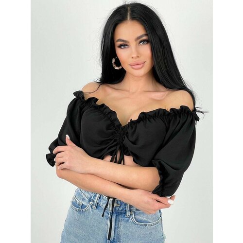 Топ крестьянка с оборками летний черный 44 размер