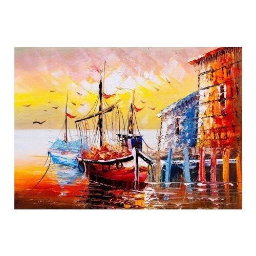 фото Холст с красками "рисование по номерам. яркие лодки у причала", 40x50 см рыжий кот