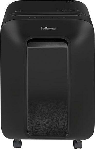 Шредер Fellowes PowerShred LX201 черный (секр. P-5)/перекрестный/12лист./22лтр./скрепки/скобы/пл. карты