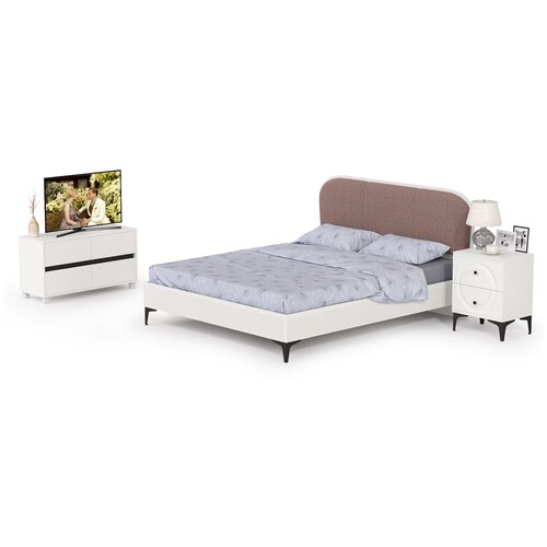 Кровать двуспальная мягкая спинка Валенсия с прикроватной тумбочкой и ТВ-тумбой, цвет белый шагрень/чёрный