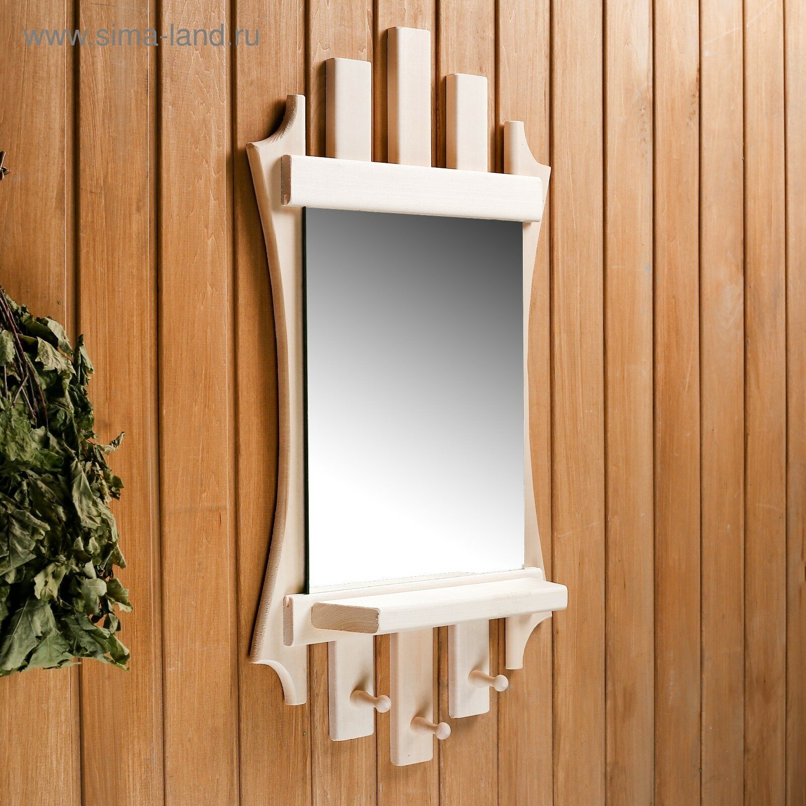 Зеркало "Резное Лесенка" с полкой 3 крючка, 75×40 см, 4632936