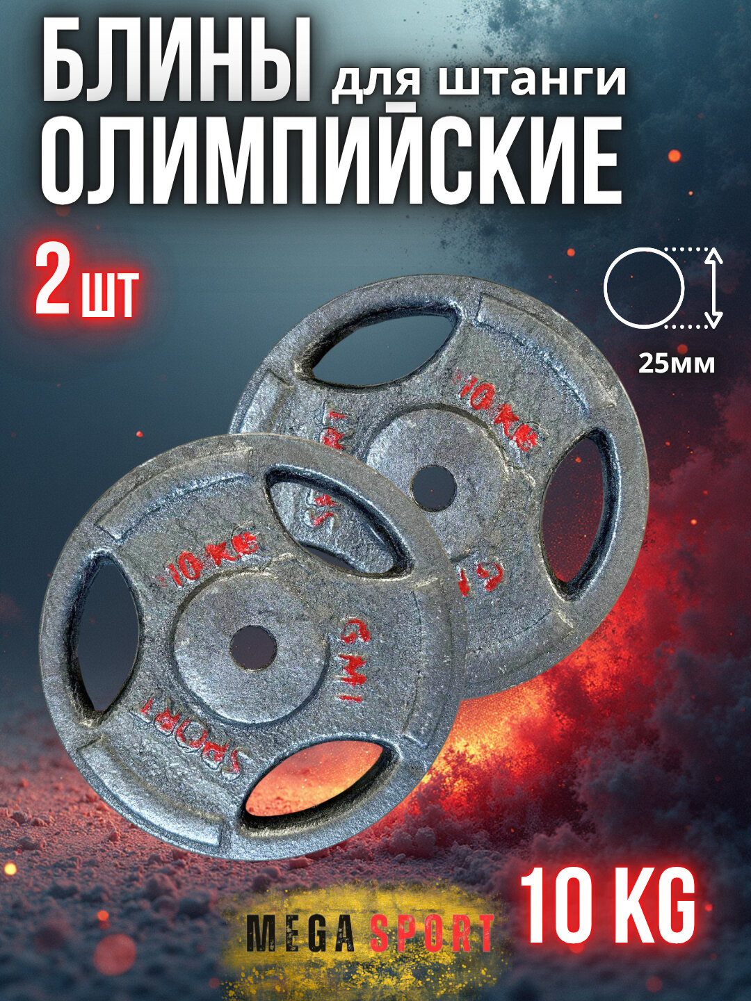 Штанги 2,5 - 5 - 7,5 - 10 кг, 2 шт, отверстия 2,5 и 50 мм, олимпийского типа 10_25