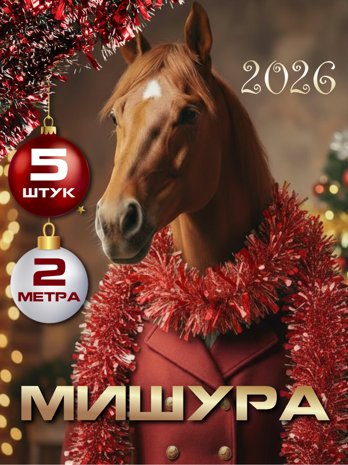 Мишура новогодняя пушистая и яркая D90мм длина 2м красная 5 шт.