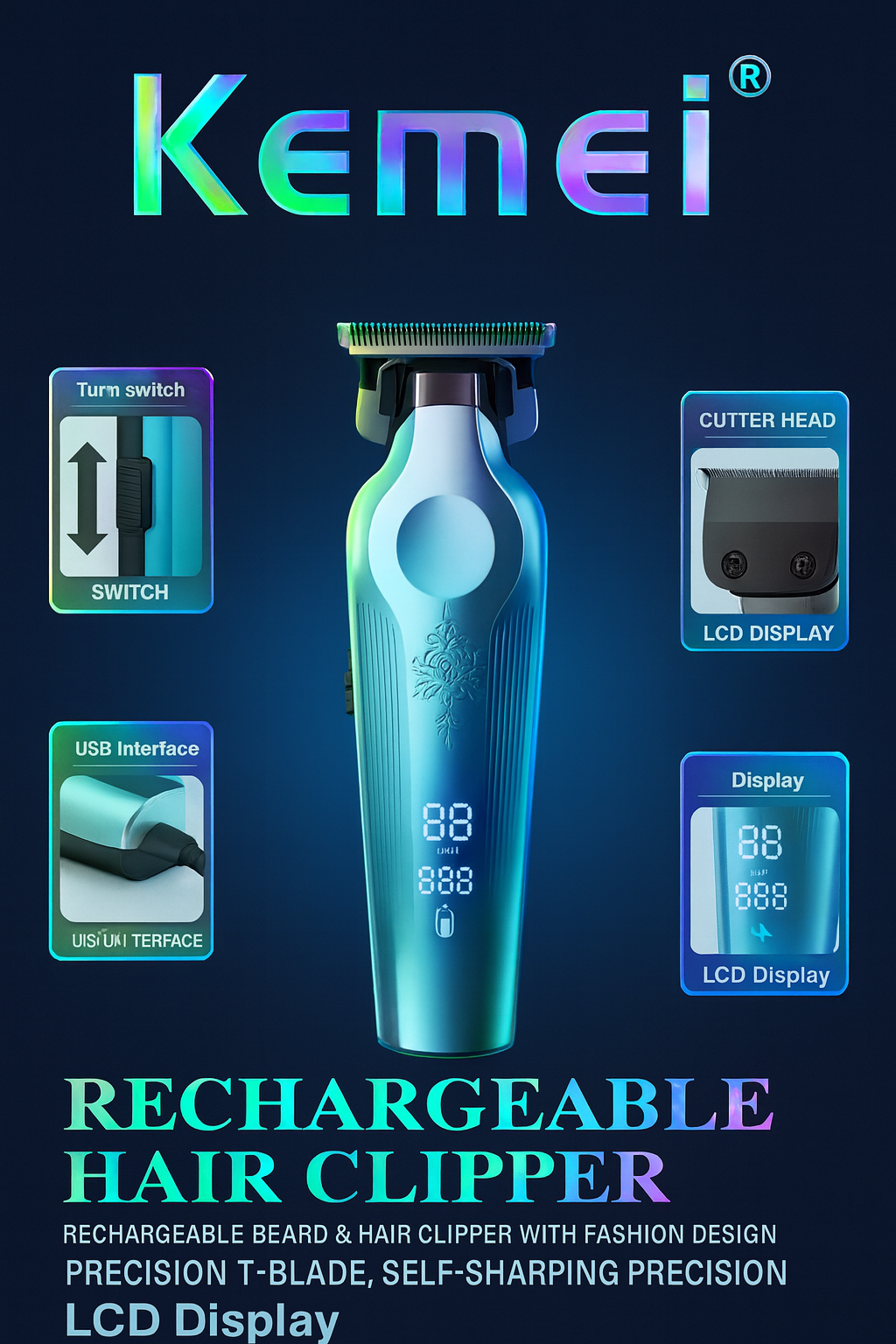 Профессиональный триммер Kemei KM-264 — ЖК-дисплей, аккумулятор ёмкостью 1400 мА·ч, Т-образное лезвие, зарядка через USB