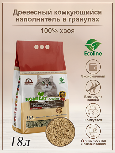 Изображение товара HOMECAT Ecoline 18 л древесный комкующийся наполнитель в гранулах для кошачьих туалетов