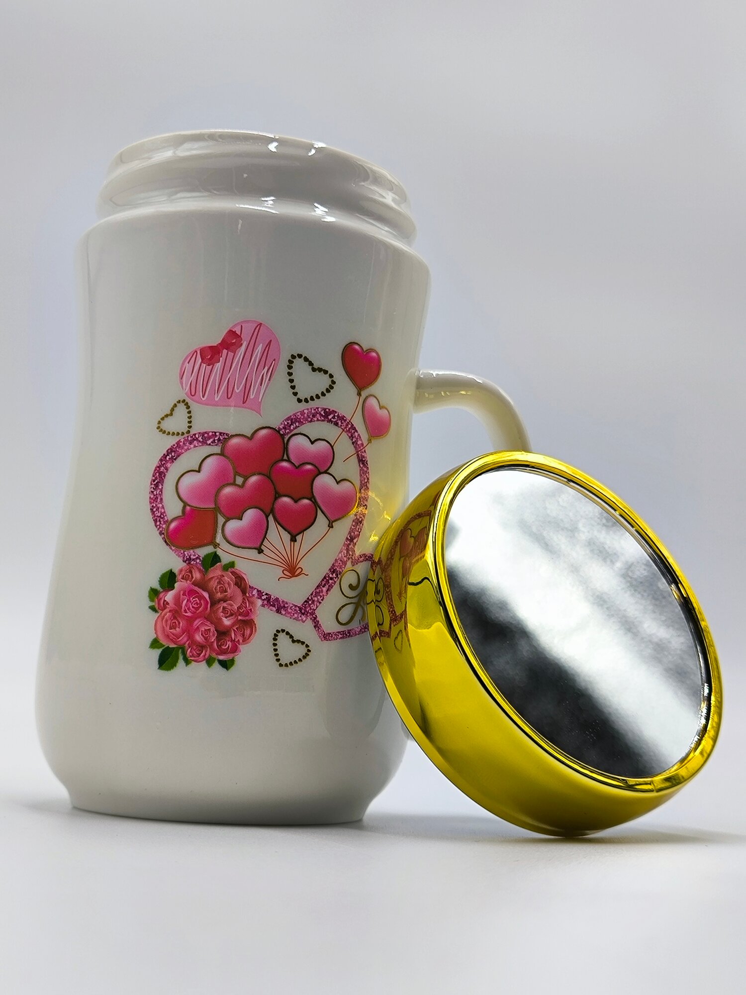 Кружка GOLD "HAPPY KITCHEN" Termo Cup Model PW 13, керамика, с крышкой, с сердечками