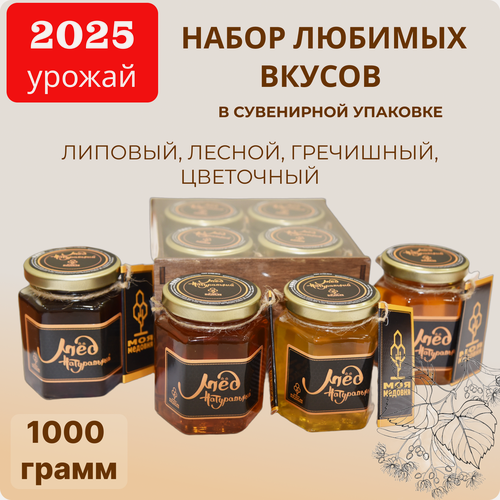 Изображение товара Подарочный набор меда Моя Медовня - липовый, гречишный, лесной, цветочный, 1000 г (4 по 250 г), в темной коробке