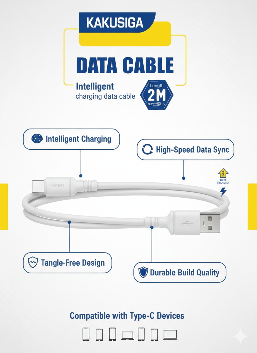 USB-кабель Type-C для передачи данных и зарядки KAKUSIGA, 2 метра, белый. — фото 1