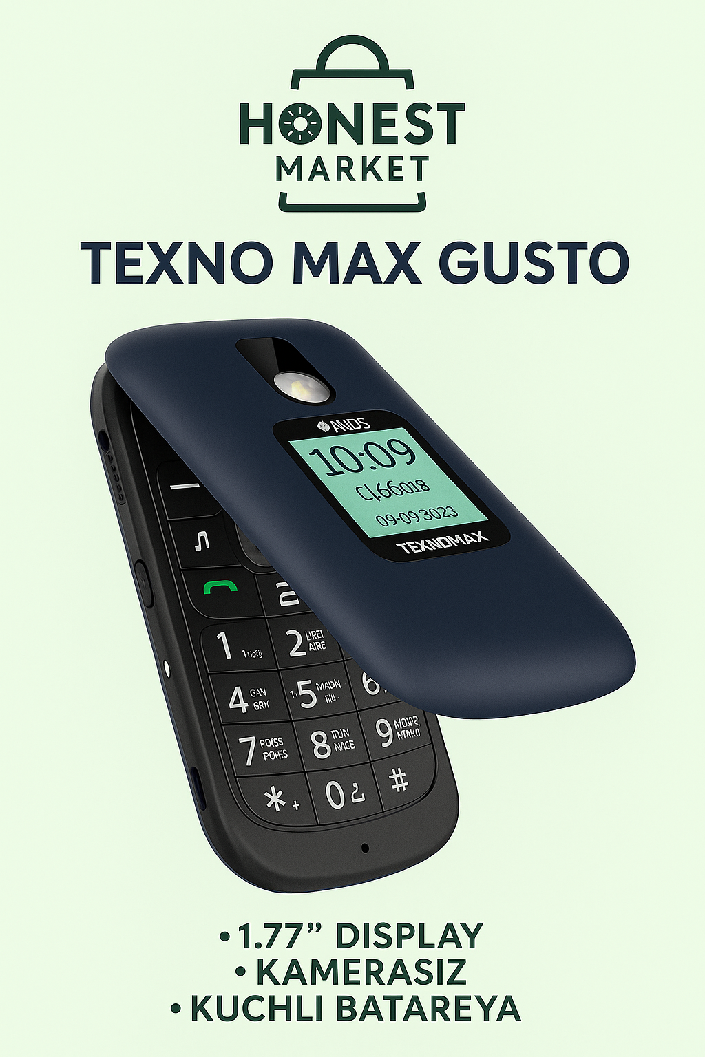 Кнопочный телефон Texno Max Gusto (без камеры), 2 SIM, мощный аккумулятор, синий