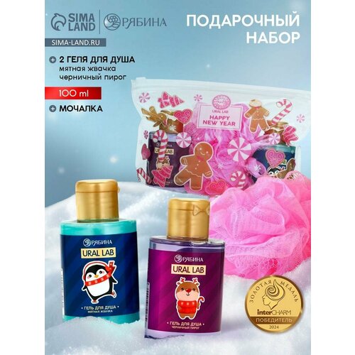 Подарочный набор новогодний, косметичка, гель для душа 2 шт. × 100 мл и мочалка для тела, URAL LAB