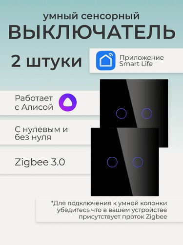 Изображение товара Умный сенсорный выключатель 2 шт Zigbee 3.0, сенсорный, 2 клавиши, Smart Life, для умного дома