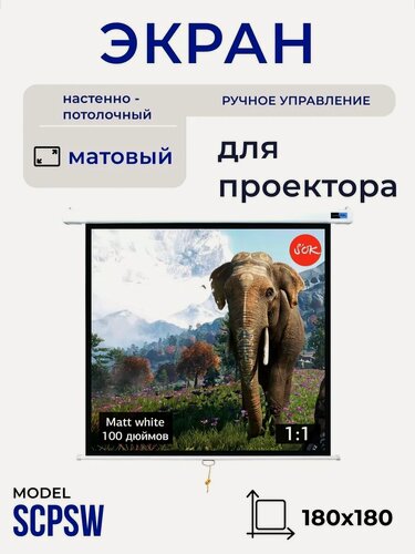 Изображение товара Экран для проектора S'OK SCPSW-180x180 100 1:1 настенно-потолочный, ручной, матовый, белый