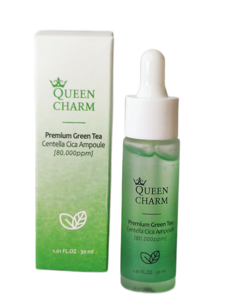 Увлажняющая ампульная сыворотка для лица с зелёным чаем и центеллой азиатской, 8% QUEENCHARM Premium Green Tea Centella Ampoule 30мл
