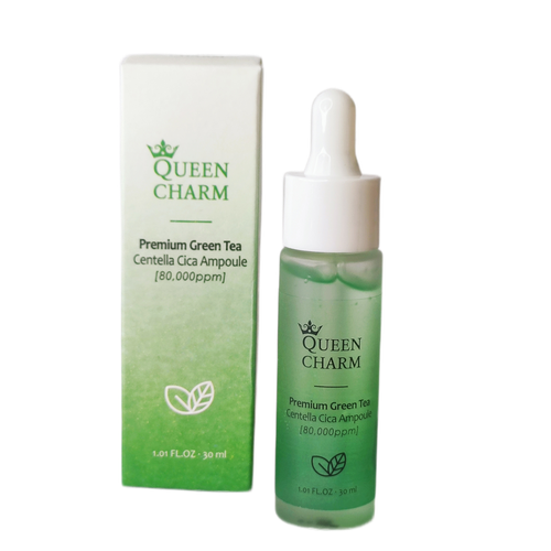 Увлажняющая ампульная сыворотка для лица с зелёным чаем и центеллой азиатской, 8% QUEENCHARM Premium Green Tea Centella Ampoule 30мл