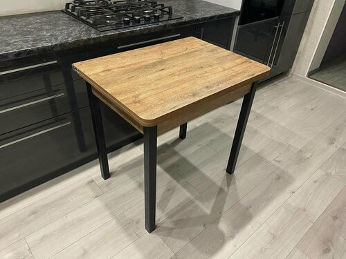 Изображение товара Стол обеденный раздвижной 80 см на 60(120) см коричневый с квадратными черными ножками