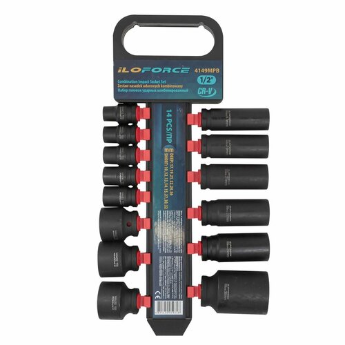 Набор головок ударных комбинированный 14пр,1/2' короткие и глубокие, на пластиковом держателе ILOforce IF-4149MPB