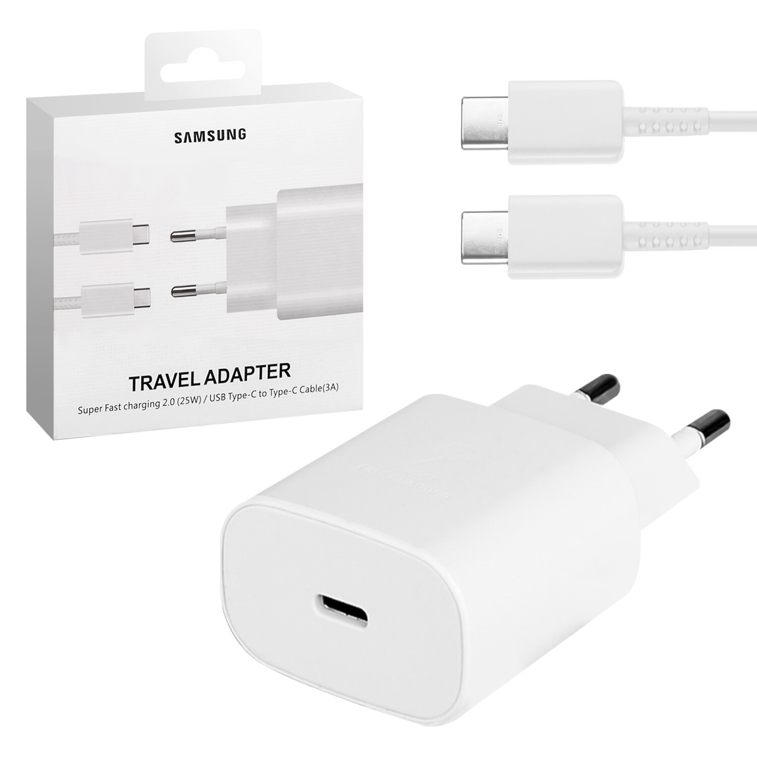 Адаптер для Samsung 25W USB-C + Кабель Type-C (3A), быстрая зарядка, белый