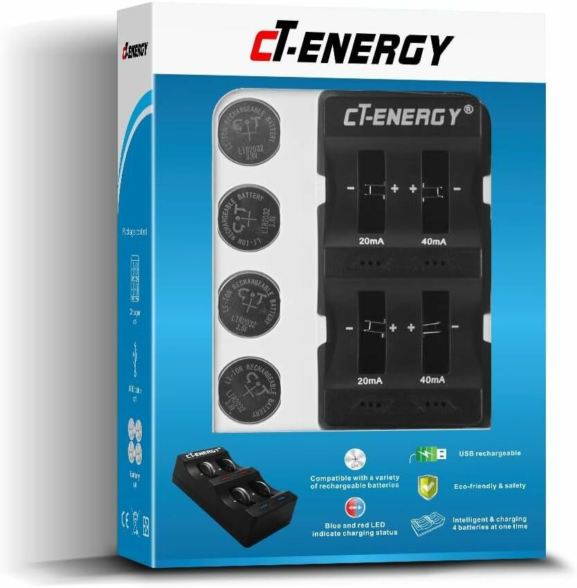 Зарядное устройство CT-Energy для плоских батареек cr2032 и других + 4 батарейки cr2032 — фото 1