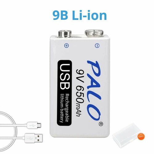 Аккумуляторная батарейка крона Palo 650 mAh 6F22 9V. Аккумулятор с зарядкой через USB кабель - 1 шт