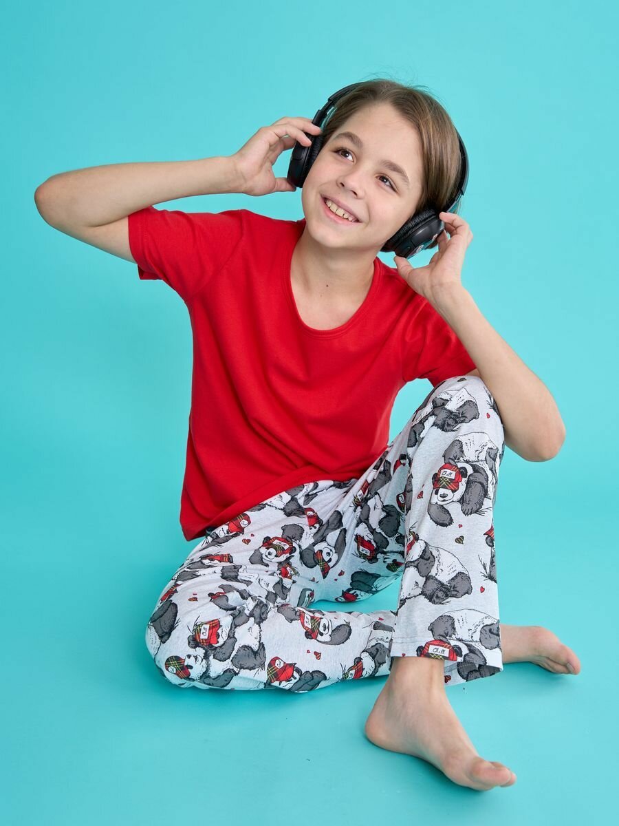 Пижама Веселый Малыш Chilly panda, размер 146, серый/красный — фото 1