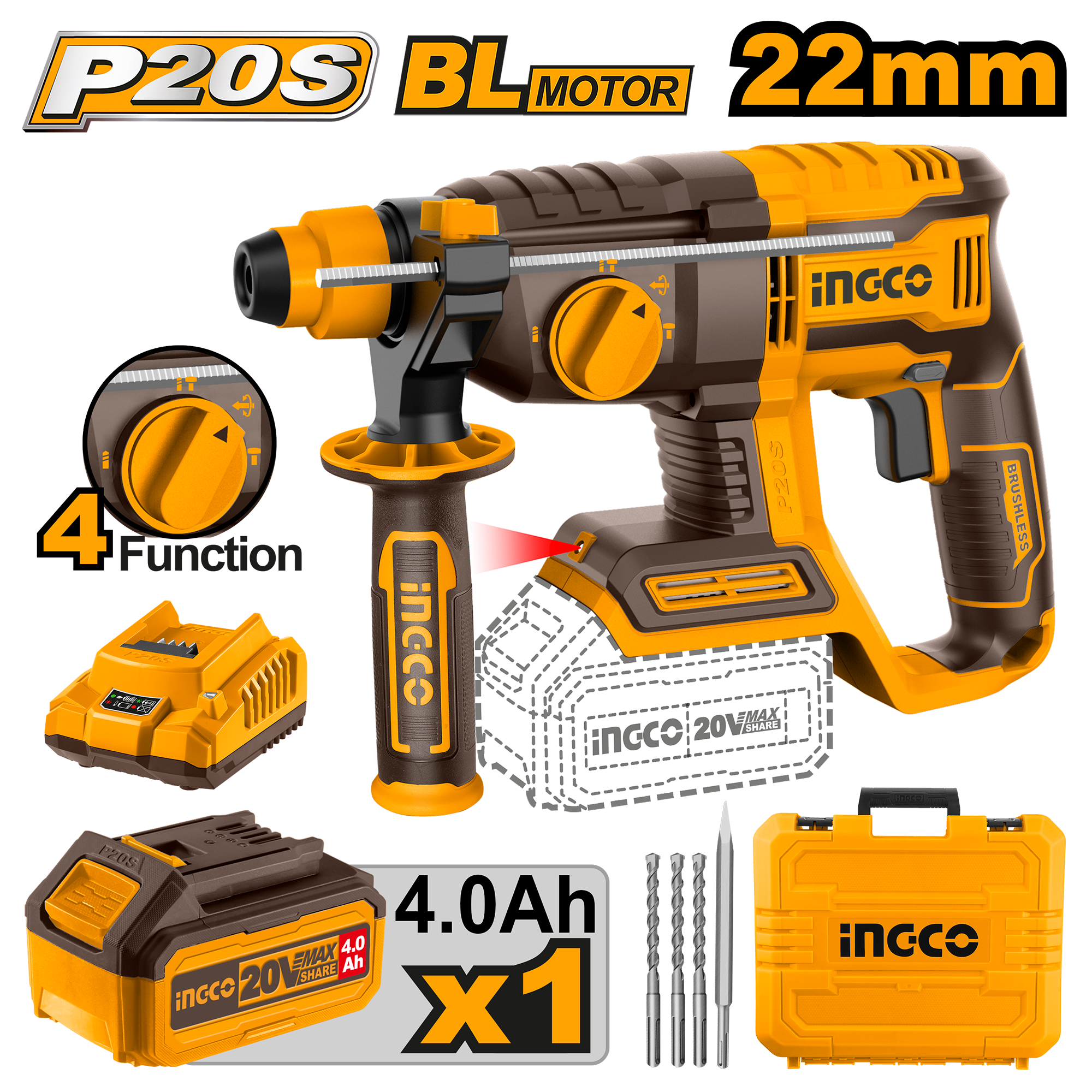 фото Аккумуляторный бесщеточный перфоратор SDS-Plus INGCO CRHLI202081 INDUSTRIAL 20 В 2 Дж 1x4 Ач