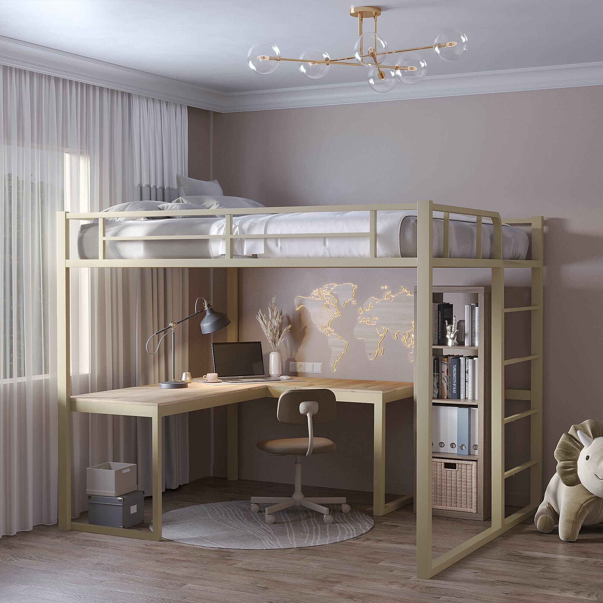 Кровать-чердак InRoom Лайт с рабочим столом 90х200 слоновая кость