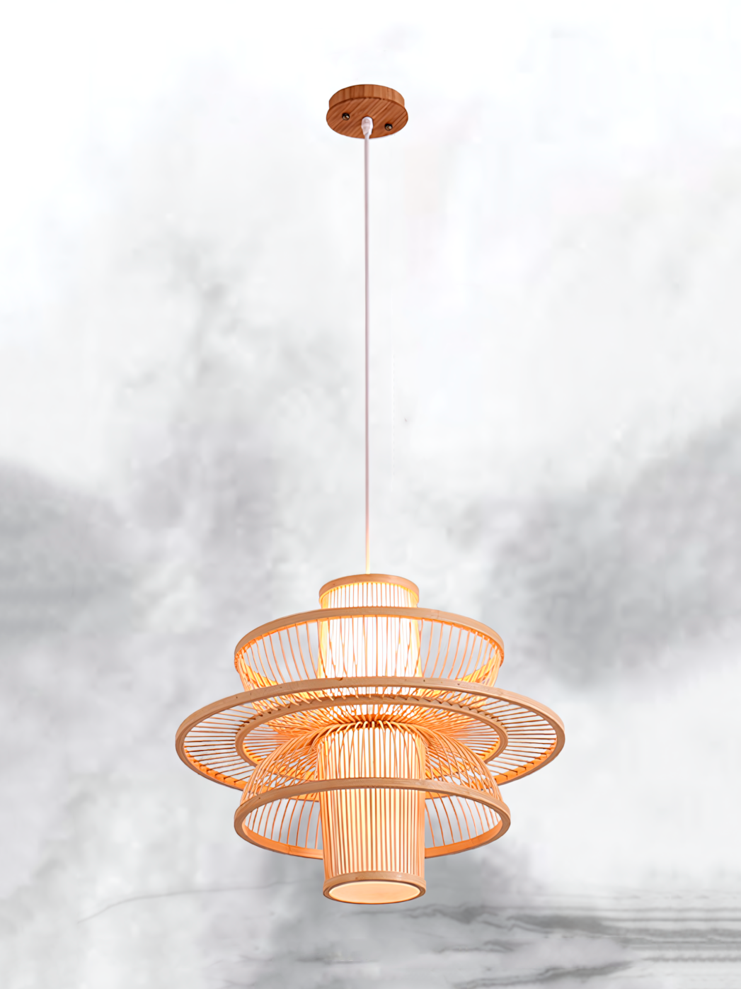 Люстра подвесная бамбуковая E27 шнур 120 см светлое дерево 40х25 см
