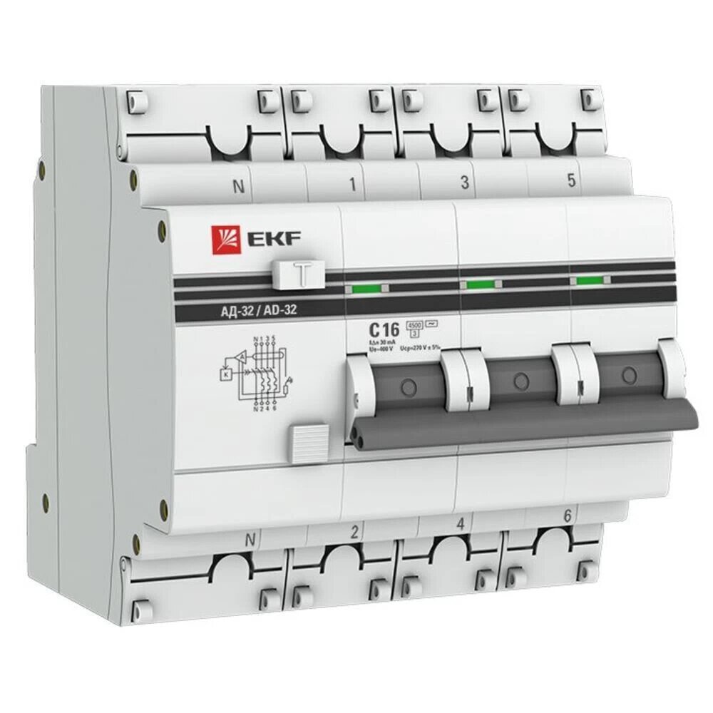 Автомат дифференциальный EKF PROxima АД-32 16А 3P+N тип AC 30 мА 45 кА (DA32-16-30-4P-pro)
