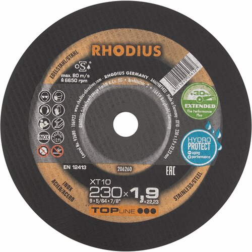Отрезной тонкий диск HydroProtect RHODIUS по стали для болгарки/УШМ, чистый рез без искр, 230 x 1,9 х 22,23 мм