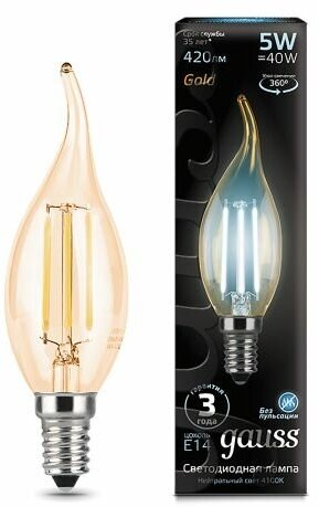 Светодиодная лампа Gauss LED Filament E14 5W 420lm 4100K Golden свеча на ветру