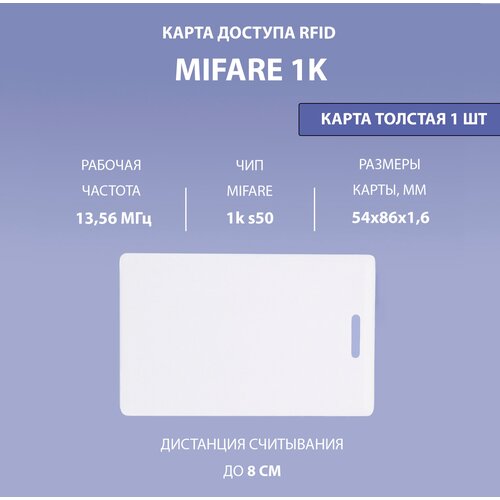 Карта доступа толстая Mifare 1k (1шт) с прорезью. Частота 13,56 МГц Карта с кодом (идентификатор) Clamshell RFID. Без номера на карте карта доступа толстая mifare 1k 25шт с прорезью частота 13 56 мгц карта с кодом идентификатор clamshell rfid без номера на карте