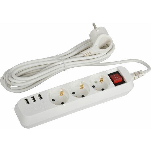 Удлинитель электрический ЭРА U-3es-5m-USB c заземлением с выключателем 3 розетки + 3xUSBA 5м 10А Б0052902