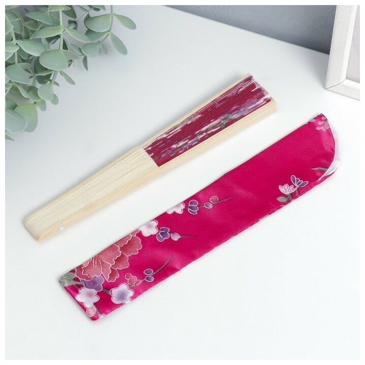 Веер бамбук, текстиль h=21 см "Цветы" с чехлом, бордовый - фотография № 5