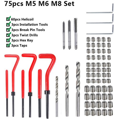 XCAN Набор для восстановления резьбы резьбовые вставки M5x0.8, М6x1.0, М8x1.25, 75 предметов
