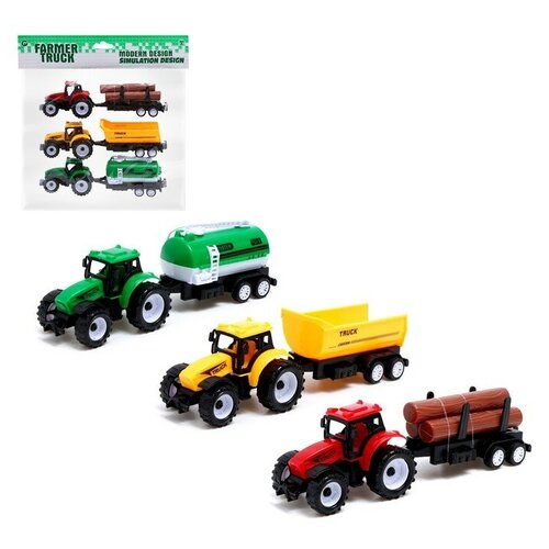 Набор инерционных тракторов «Фермер» с прицепом, 3 штуки набор фермер трактора металлический с прицепом в ассортименте