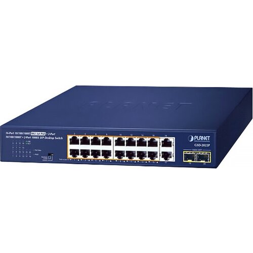 Коммутатор/ PLANET GSD-2022P 16-Port 10/100/1000T 802.3at PoE + 2-Port 10/100/1000T + 2-Port 1000X SFP Unmanaged Gigabit Ethernet Switch (185W PoE Bud