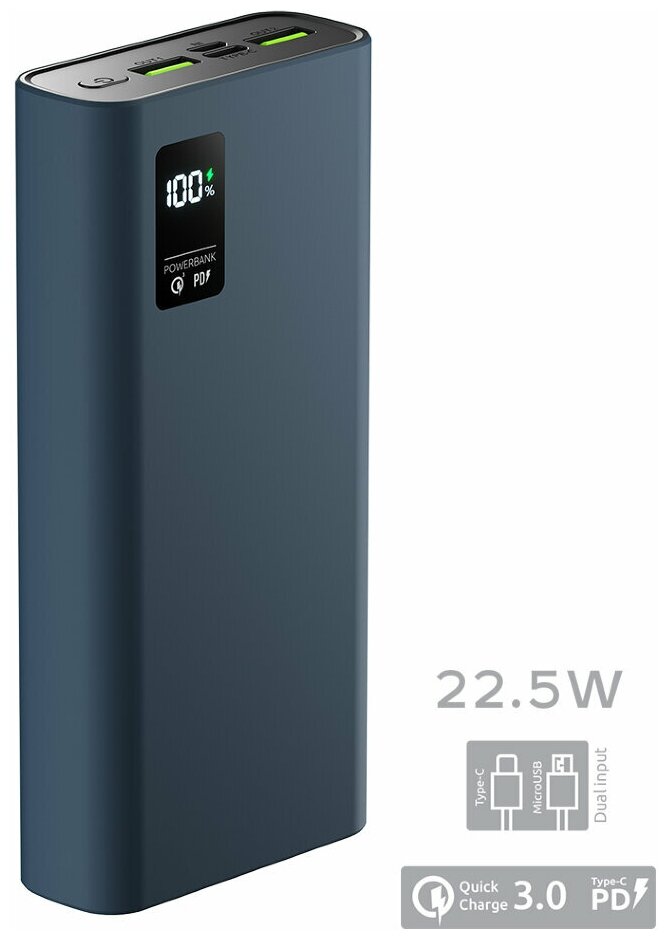 Внешний аккумулятор Olmio QR-20 20000mAh 22.5W PD Синий — фото 1