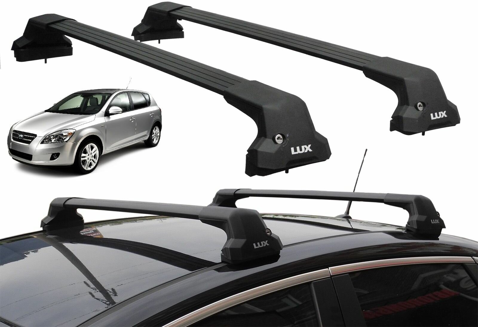 Багажник на крышу Киа Сид, хэтчбек, 2007-2012 (Kia Ceed, hatchback, 2007-2012), Lux City, черные дуги